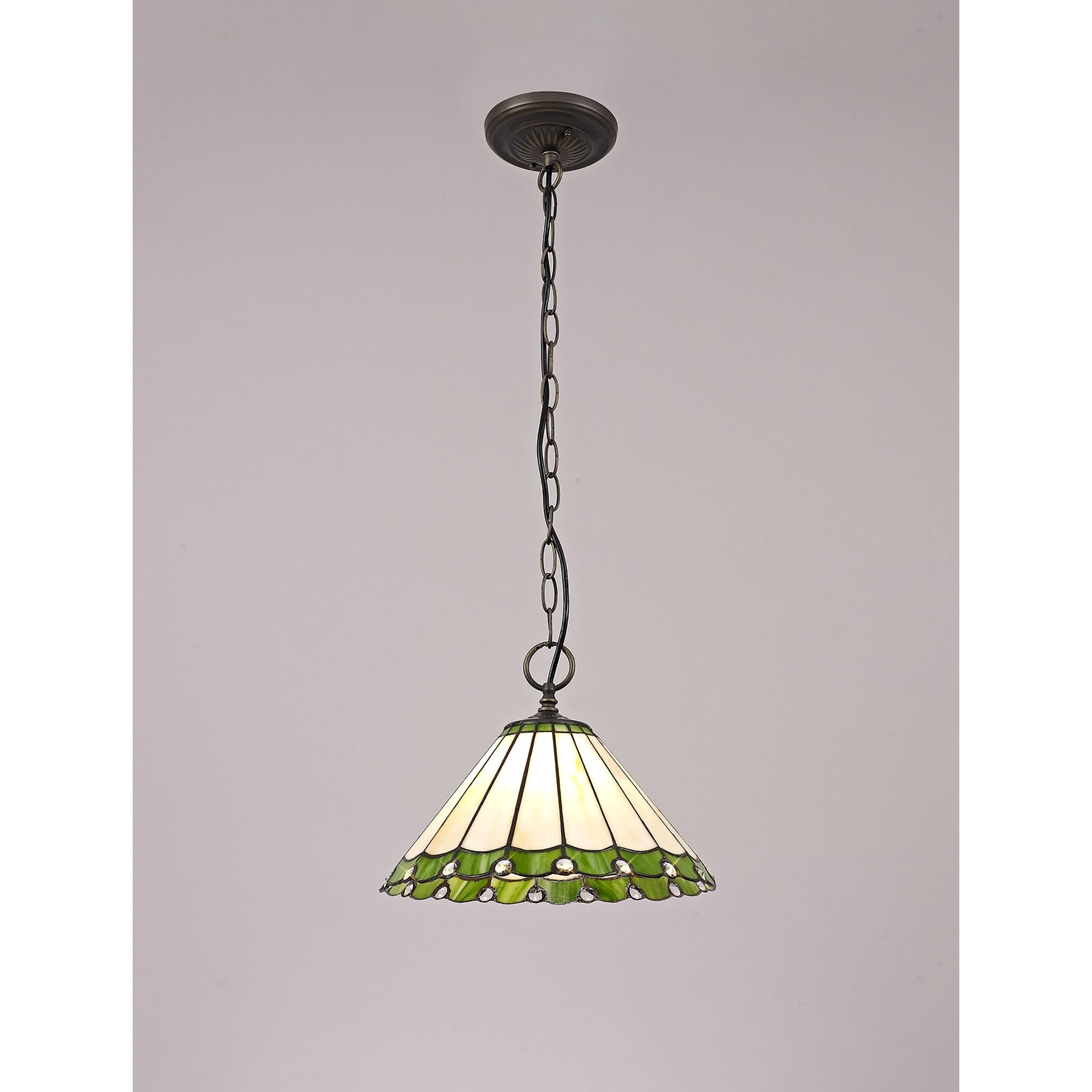 NLK02429 Umbrian 1 Light Down Lighter Pendant With 30cm Tiffany Shade Green/Chrome/Crystal/Aged Antique Brass