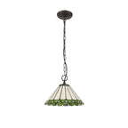 NLK02429 Umbrian 1 Light Down Lighter Pendant With 30cm Tiffany Shade Green/Chrome/Crystal/Aged Antique Brass