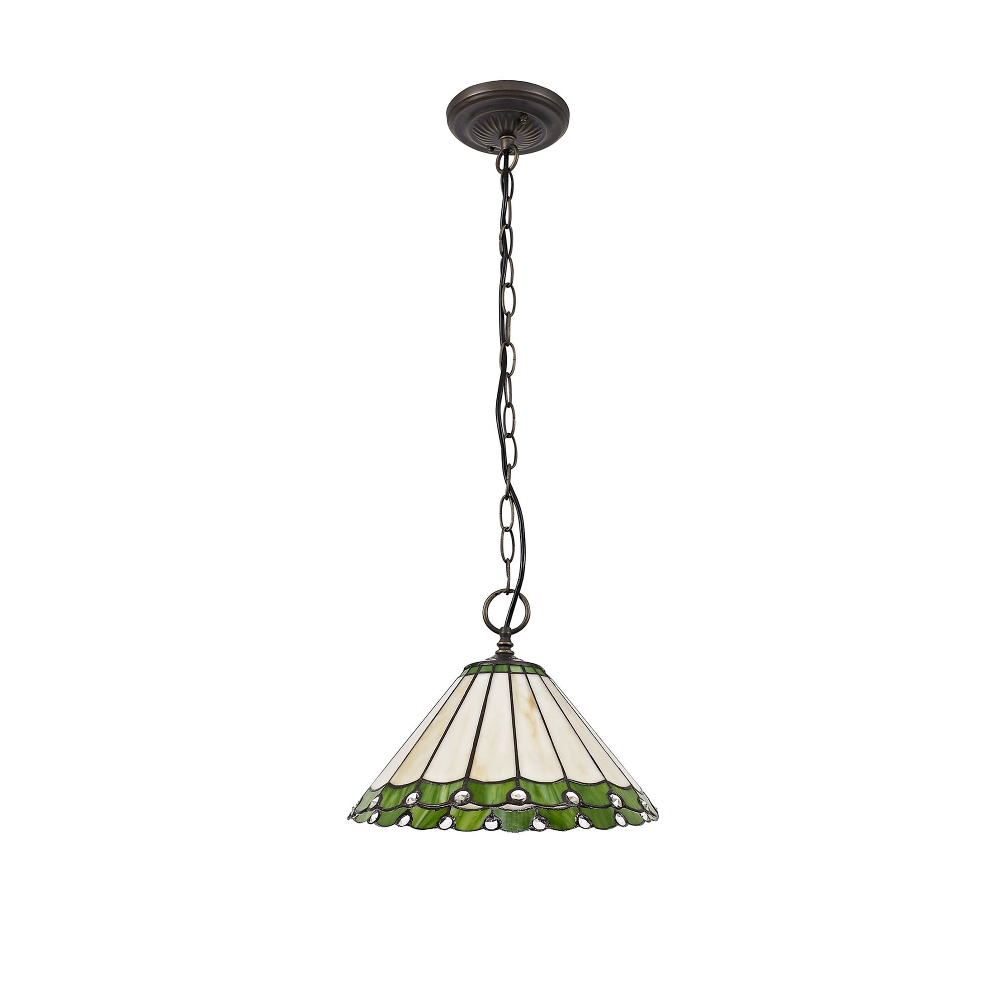 NLK02429 Umbrian 1 Light Down Lighter Pendant With 30cm Tiffany Shade Green/Chrome/Crystal/Aged Antique Brass