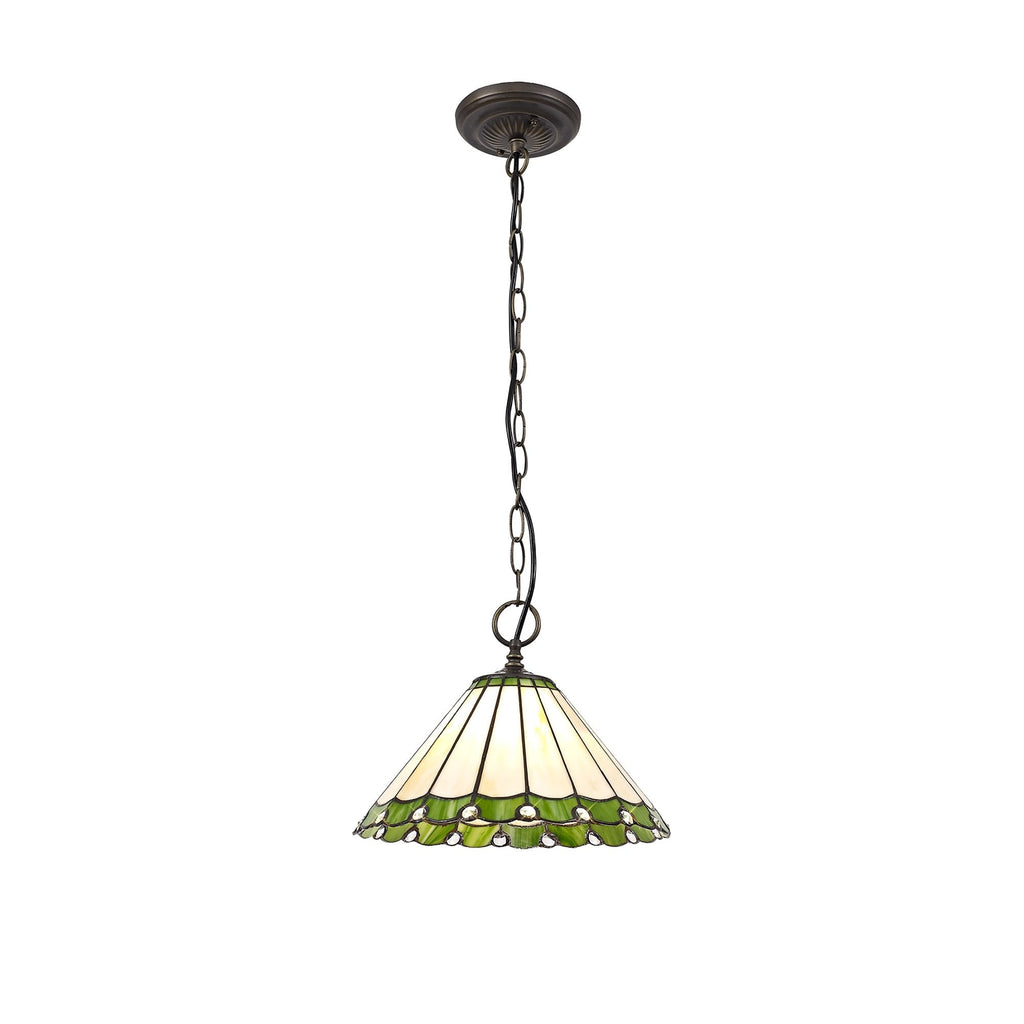 NLK02429 Umbrian 1 Light Down Lighter Pendant With 30cm Tiffany Shade Green/Chrome/Crystal/Aged Antique Brass