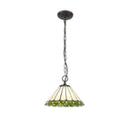 NLK02429 Umbrian 1 Light Down Lighter Pendant With 30cm Tiffany Shade Green/Chrome/Crystal/Aged Antique Brass