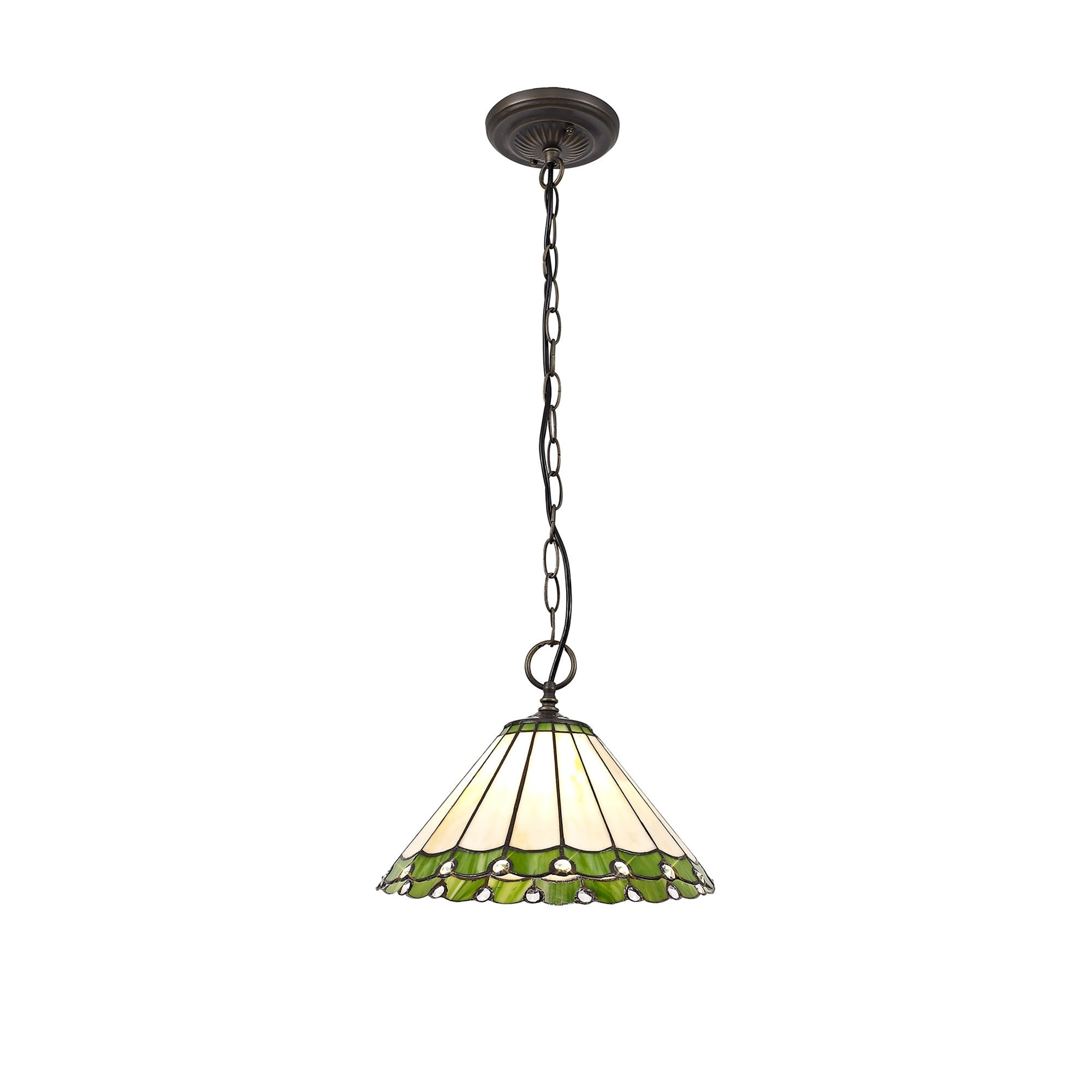 NLK02429 Umbrian 1 Light Down Lighter Pendant With 30cm Tiffany Shade Green/Chrome/Crystal/Aged Antique Brass