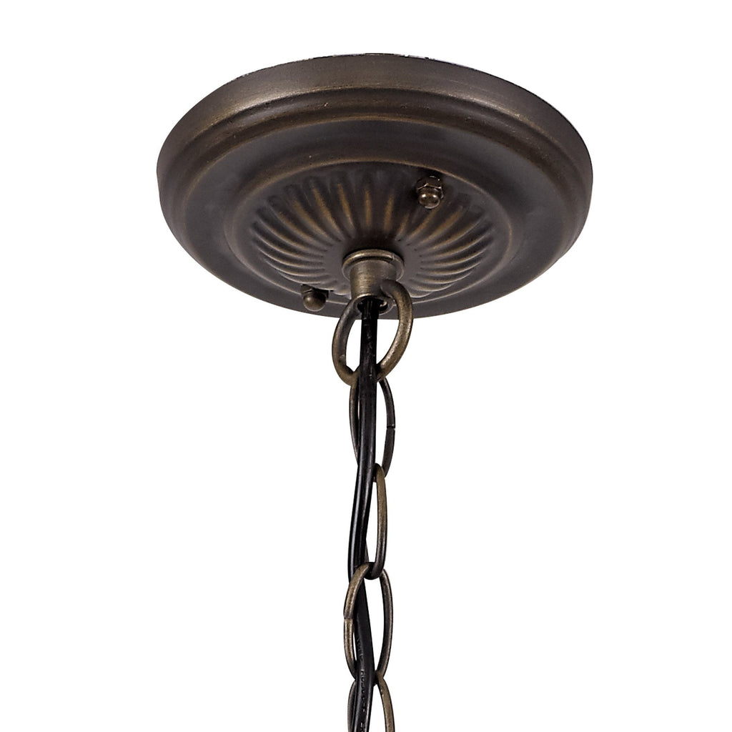 NLK02429 Umbrian 1 Light Down Lighter Pendant With 30cm Tiffany Shade Green/Chrome/Crystal/Aged Antique Brass