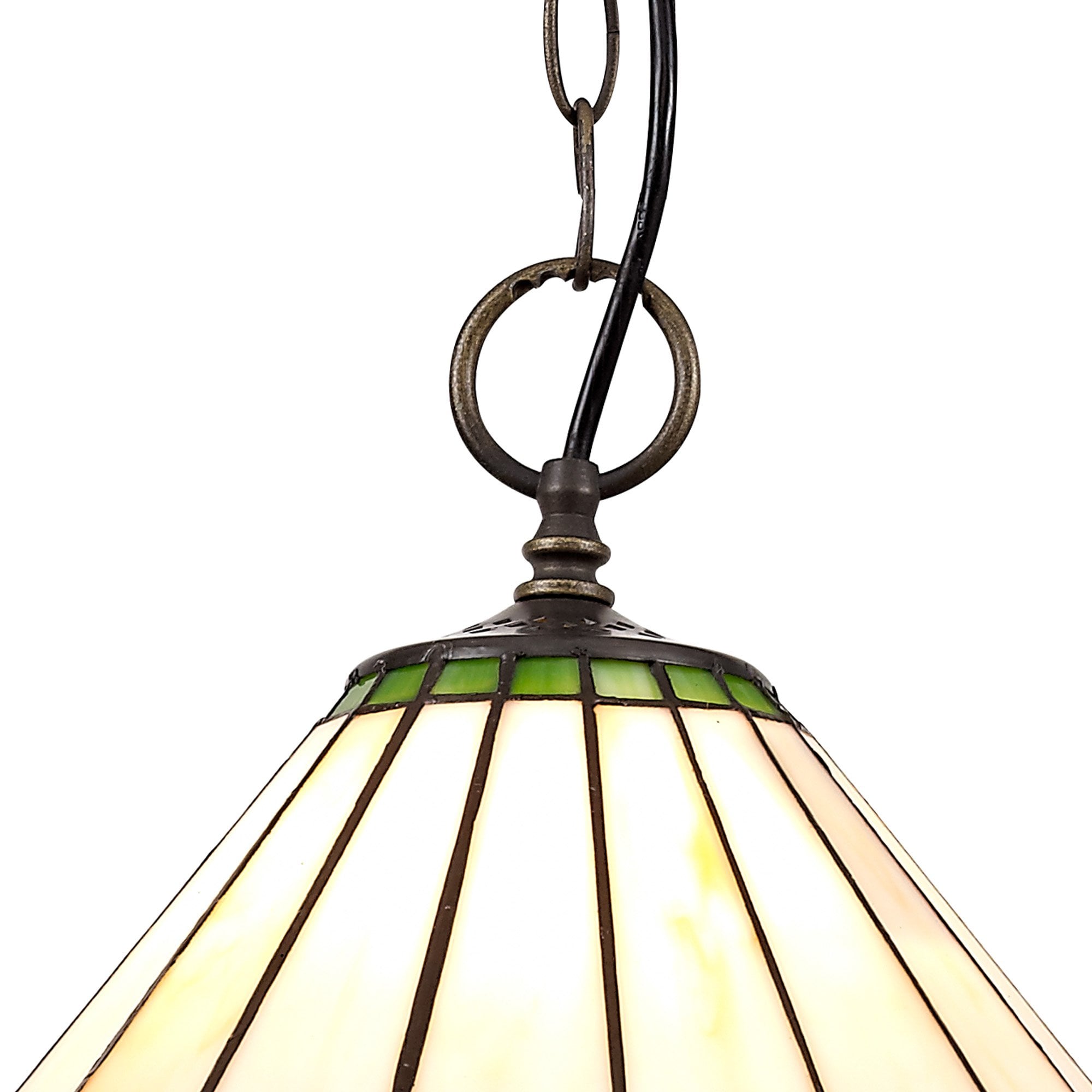 NLK02429 Umbrian 1 Light Down Lighter Pendant With 30cm Tiffany Shade Green/Chrome/Crystal/Aged Antique Brass
