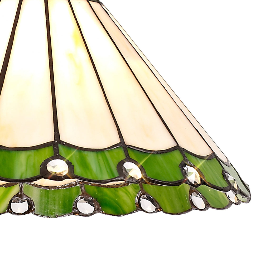 NLK02429 Umbrian 1 Light Down Lighter Pendant With 30cm Tiffany Shade Green/Chrome/Crystal/Aged Antique Brass