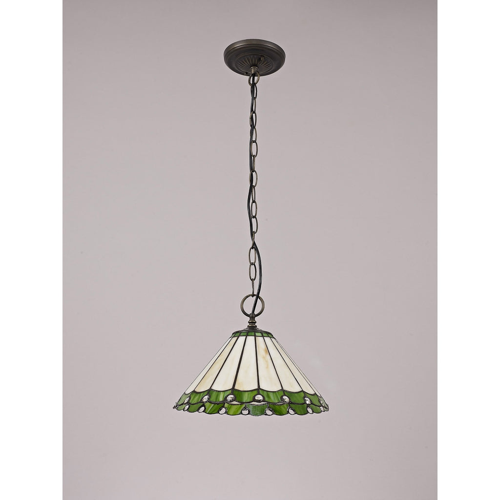 NLK02429 Umbrian 1 Light Down Lighter Pendant With 30cm Tiffany Shade Green/Chrome/Crystal/Aged Antique Brass