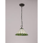 NLK02429 Umbrian 1 Light Down Lighter Pendant With 30cm Tiffany Shade Green/Chrome/Crystal/Aged Antique Brass