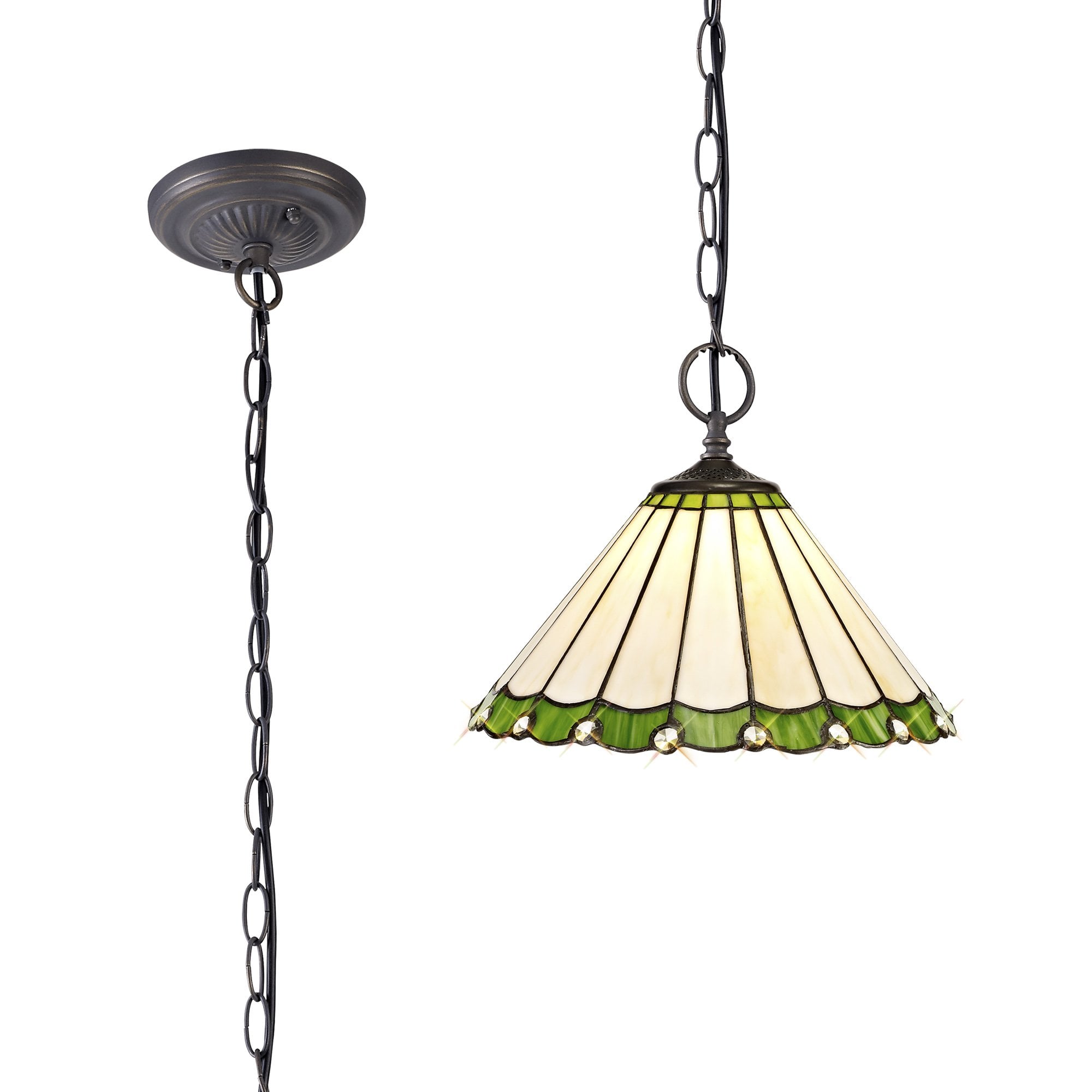 NLK02439 Umbrian 2 Light Down Lighter Pendant With 30cm Tiffany Shade Green/Chrome/Crystal/Aged Antique Brass