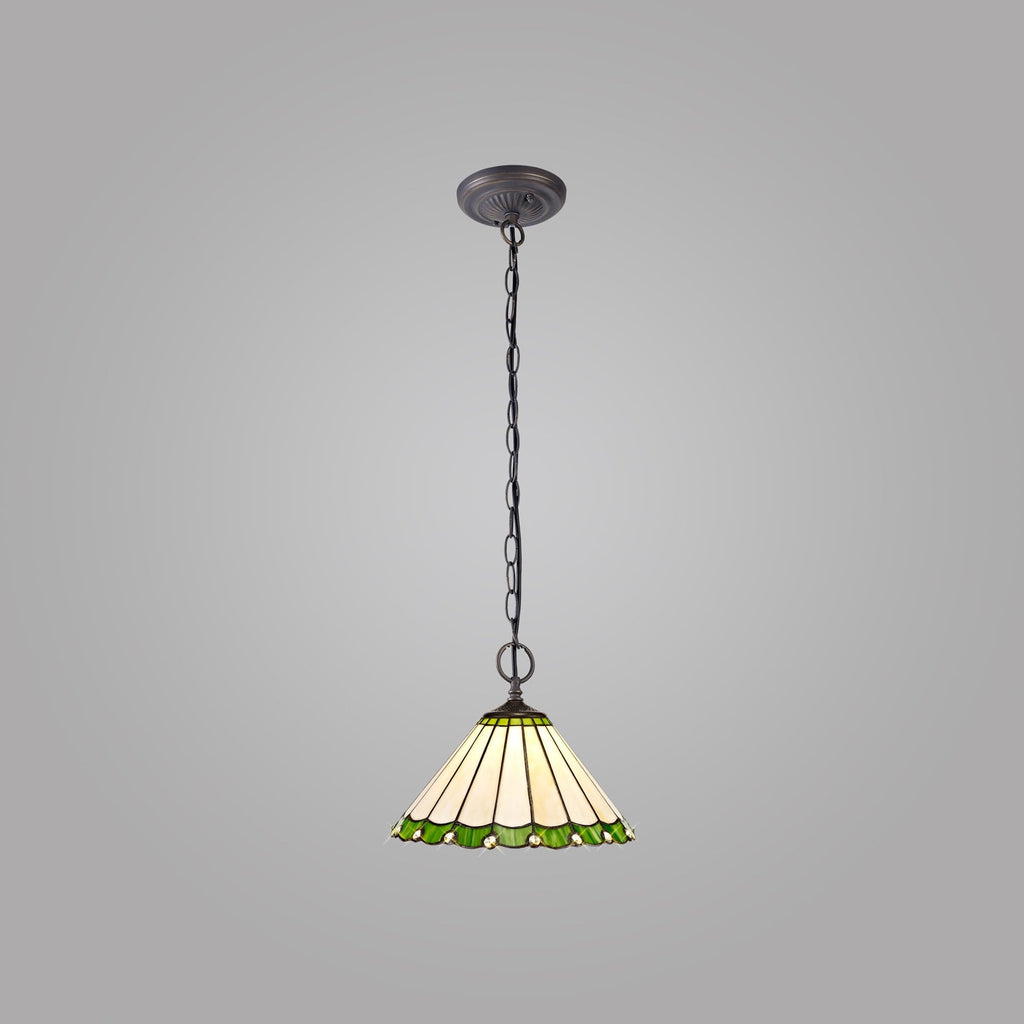 NLK02439 Umbrian 2 Light Down Lighter Pendant With 30cm Tiffany Shade Green/Chrome/Crystal/Aged Antique Brass