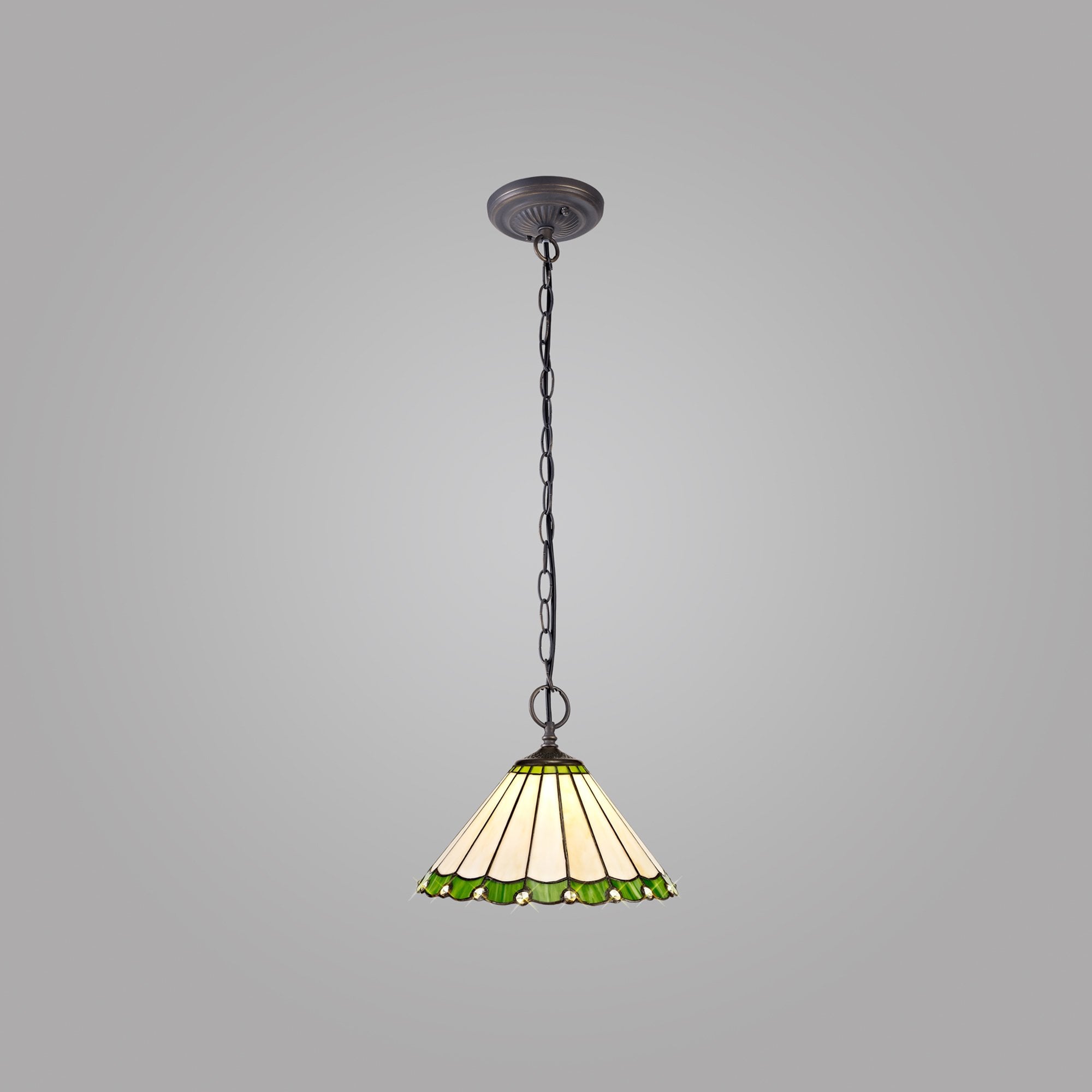 NLK02439 Umbrian 2 Light Down Lighter Pendant With 30cm Tiffany Shade Green/Chrome/Crystal/Aged Antique Brass