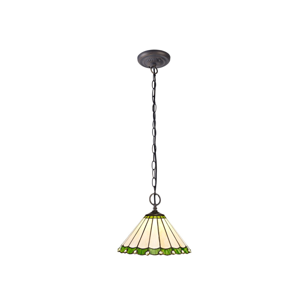 NLK02439 Umbrian 2 Light Down Lighter Pendant With 30cm Tiffany Shade Green/Chrome/Crystal/Aged Antique Brass