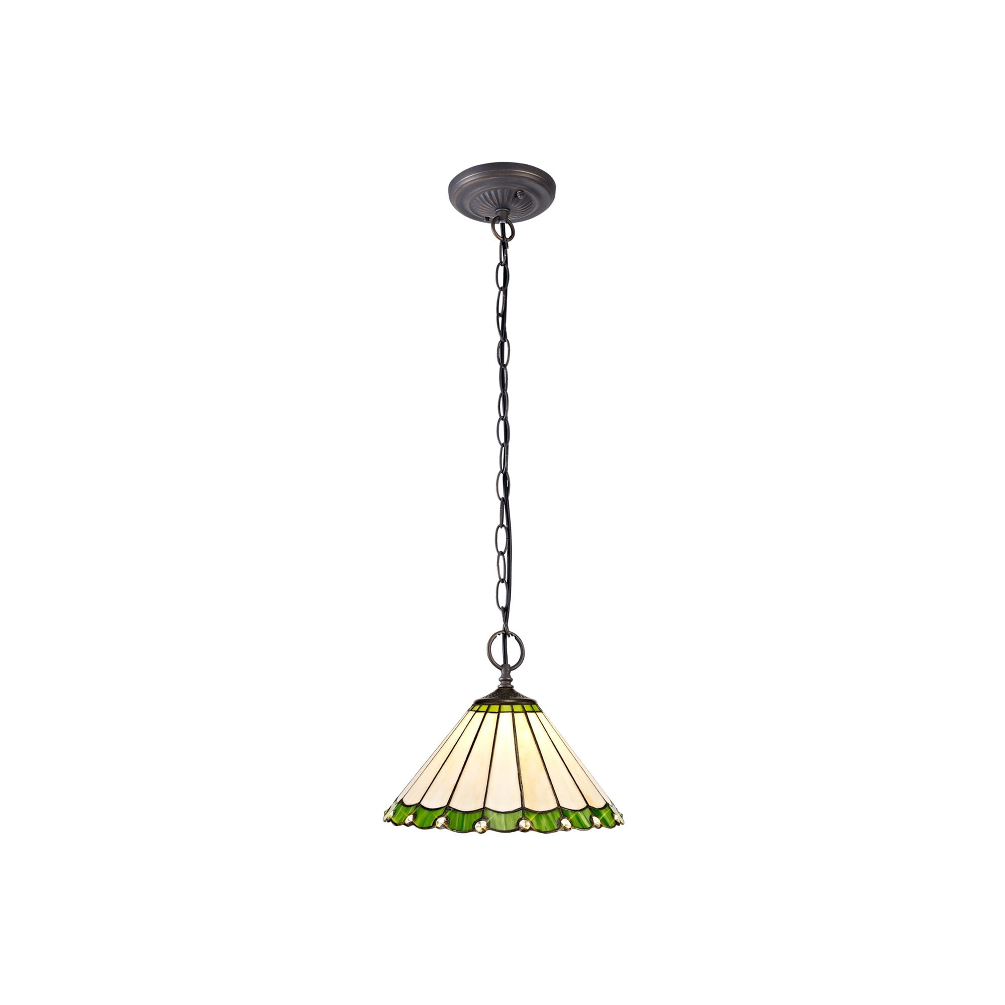 NLK02439 Umbrian 2 Light Down Lighter Pendant With 30cm Tiffany Shade Green/Chrome/Crystal/Aged Antique Brass