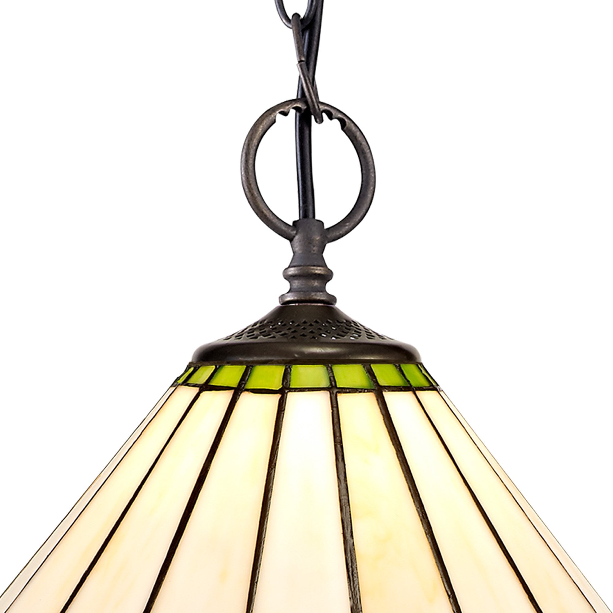 NLK02439 Umbrian 2 Light Down Lighter Pendant With 30cm Tiffany Shade Green/Chrome/Crystal/Aged Antique Brass