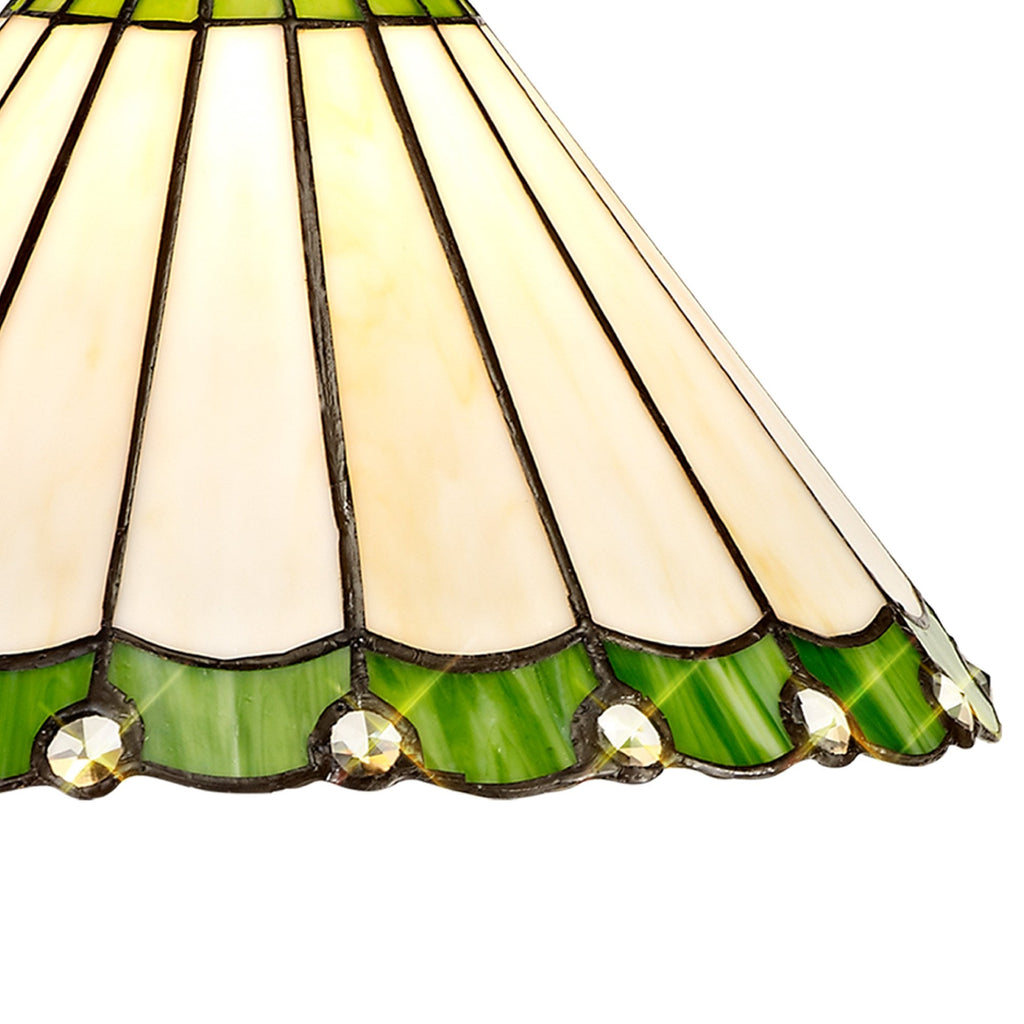 NLK02439 Umbrian 2 Light Down Lighter Pendant With 30cm Tiffany Shade Green/Chrome/Crystal/Aged Antique Brass