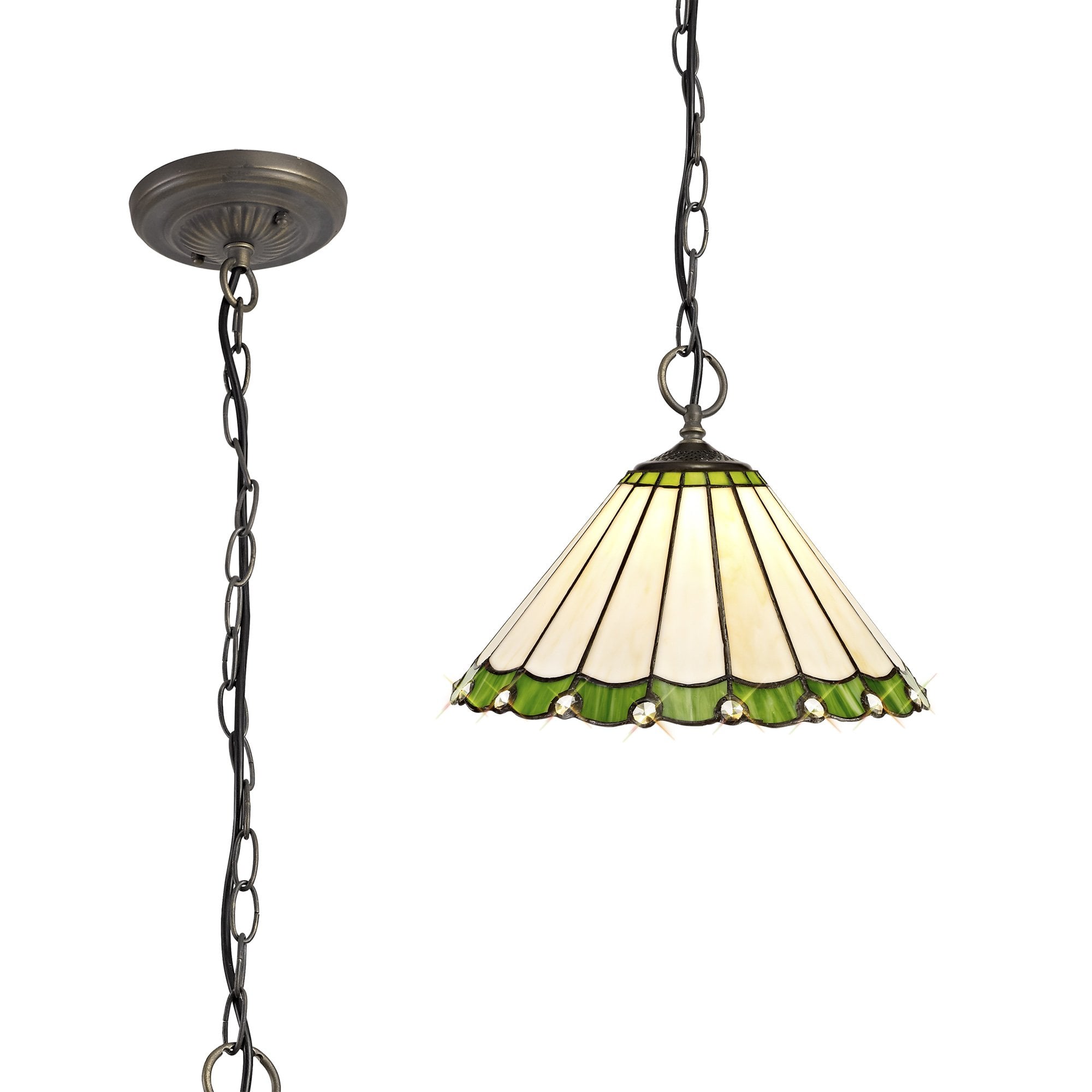 NLK02449 Umbrian 3 Light Down Lighter Pendant With 30cm Tiffany Shade Green/Chrome/Crystal/Aged Antique Brass