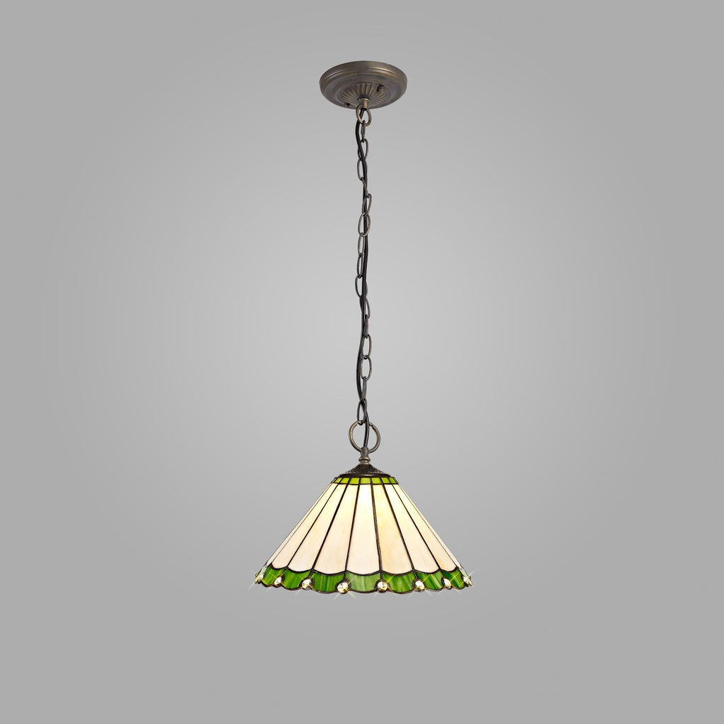 NLK02449 Umbrian 3 Light Down Lighter Pendant With 30cm Tiffany Shade Green/Chrome/Crystal/Aged Antique Brass