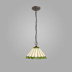 NLK02449 Umbrian 3 Light Down Lighter Pendant With 30cm Tiffany Shade Green/Chrome/Crystal/Aged Antique Brass