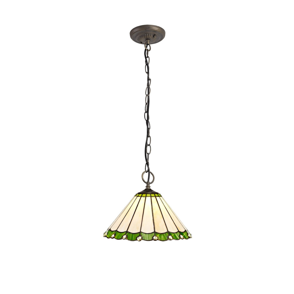 NLK02449 Umbrian 3 Light Down Lighter Pendant With 30cm Tiffany Shade Green/Chrome/Crystal/Aged Antique Brass