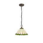 NLK02449 Umbrian 3 Light Down Lighter Pendant With 30cm Tiffany Shade Green/Chrome/Crystal/Aged Antique Brass