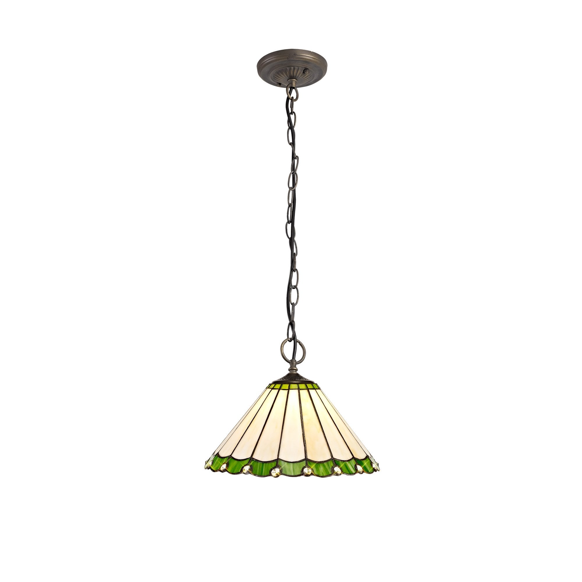 NLK02449 Umbrian 3 Light Down Lighter Pendant With 30cm Tiffany Shade Green/Chrome/Crystal/Aged Antique Brass