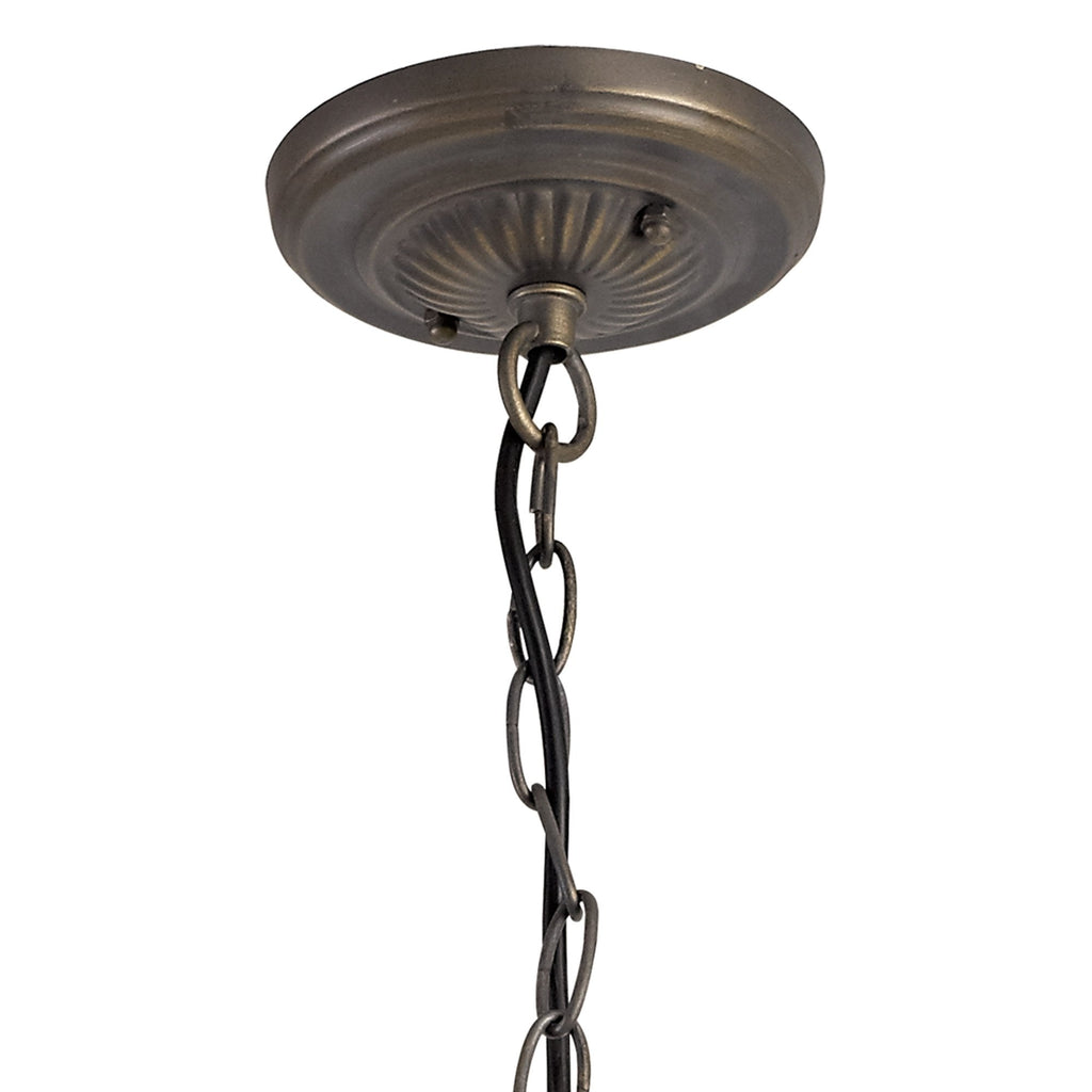 NLK02449 Umbrian 3 Light Down Lighter Pendant With 30cm Tiffany Shade Green/Chrome/Crystal/Aged Antique Brass