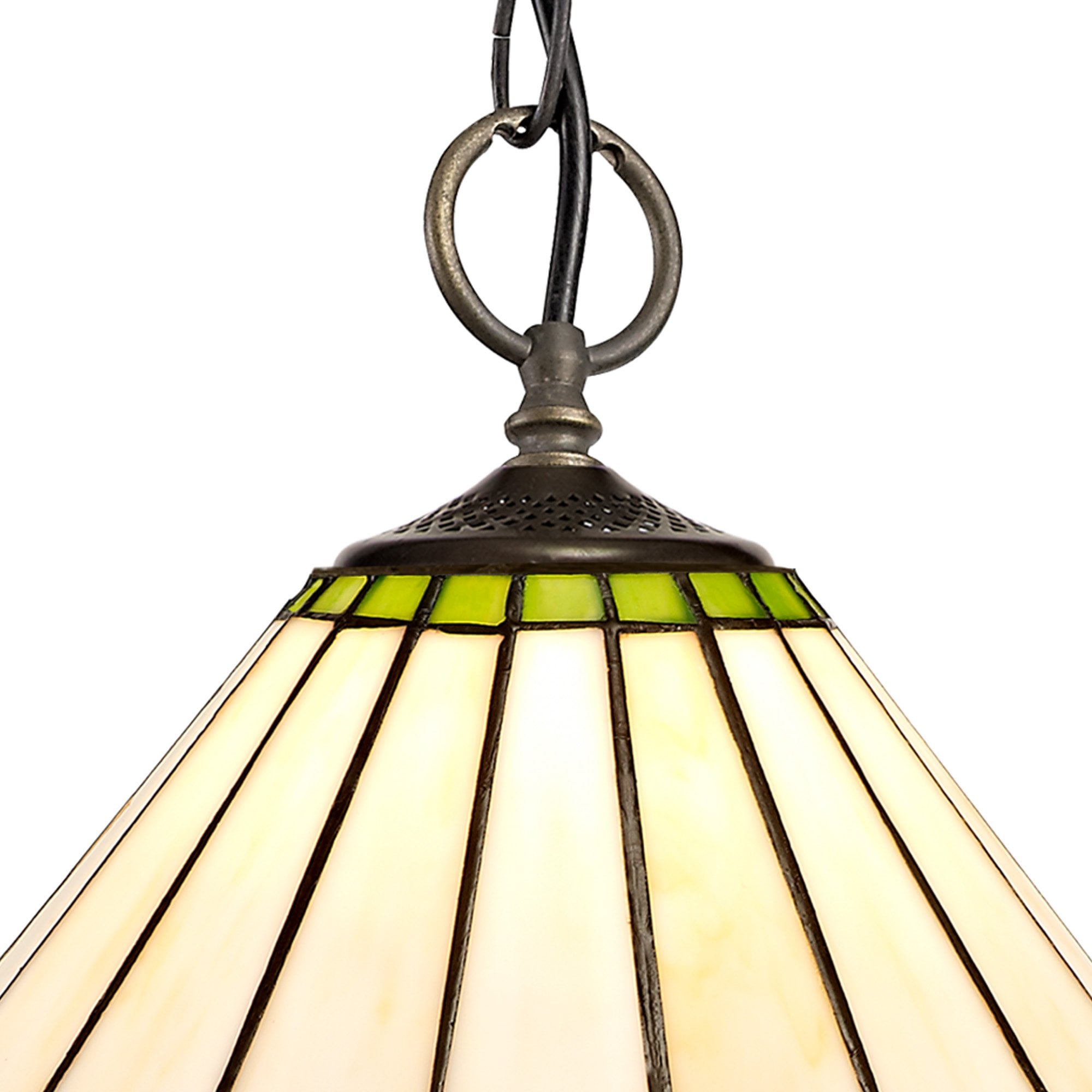 NLK02449 Umbrian 3 Light Down Lighter Pendant With 30cm Tiffany Shade Green/Chrome/Crystal/Aged Antique Brass