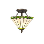 NLK02459 Umbrian 2 Light Semi Ceiling With 30cm Tiffany Shade Green/Chrome/Crystal/Aged Antique Brass
