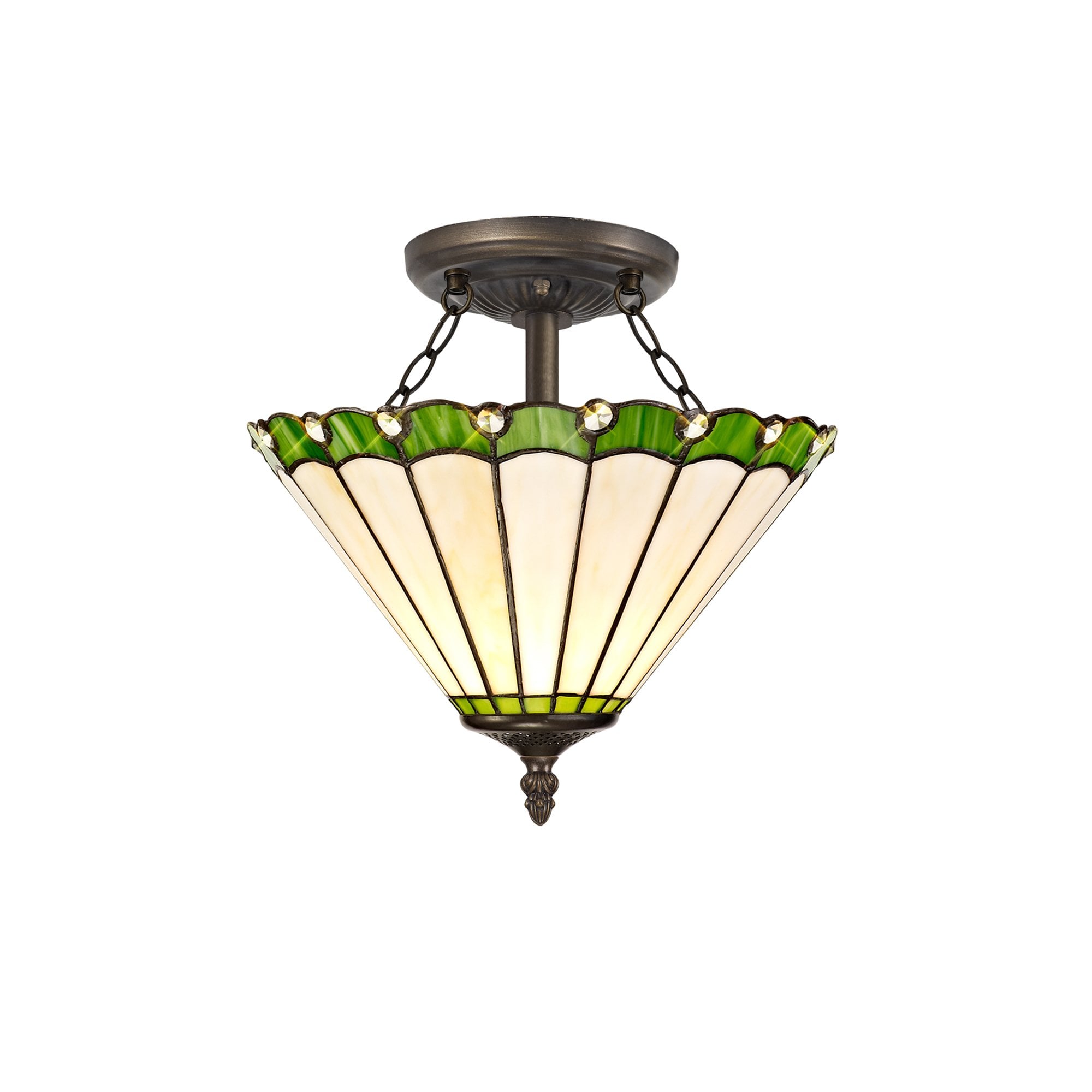 NLK02459 Umbrian 2 Light Semi Ceiling With 30cm Tiffany Shade Green/Chrome/Crystal/Aged Antique Brass