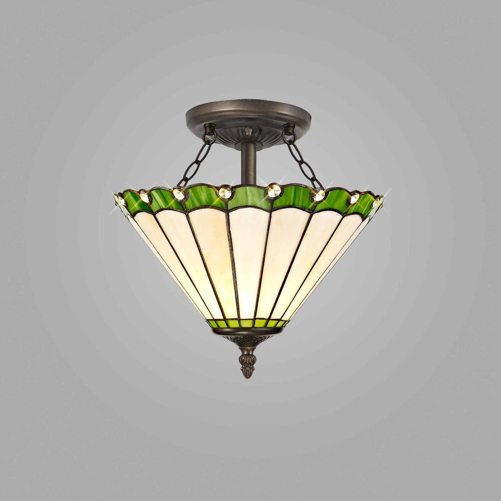 NLK02459 Umbrian 2 Light Semi Ceiling With 30cm Tiffany Shade Green/Chrome/Crystal/Aged Antique Brass