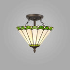 NLK02459 Umbrian 2 Light Semi Ceiling With 30cm Tiffany Shade Green/Chrome/Crystal/Aged Antique Brass