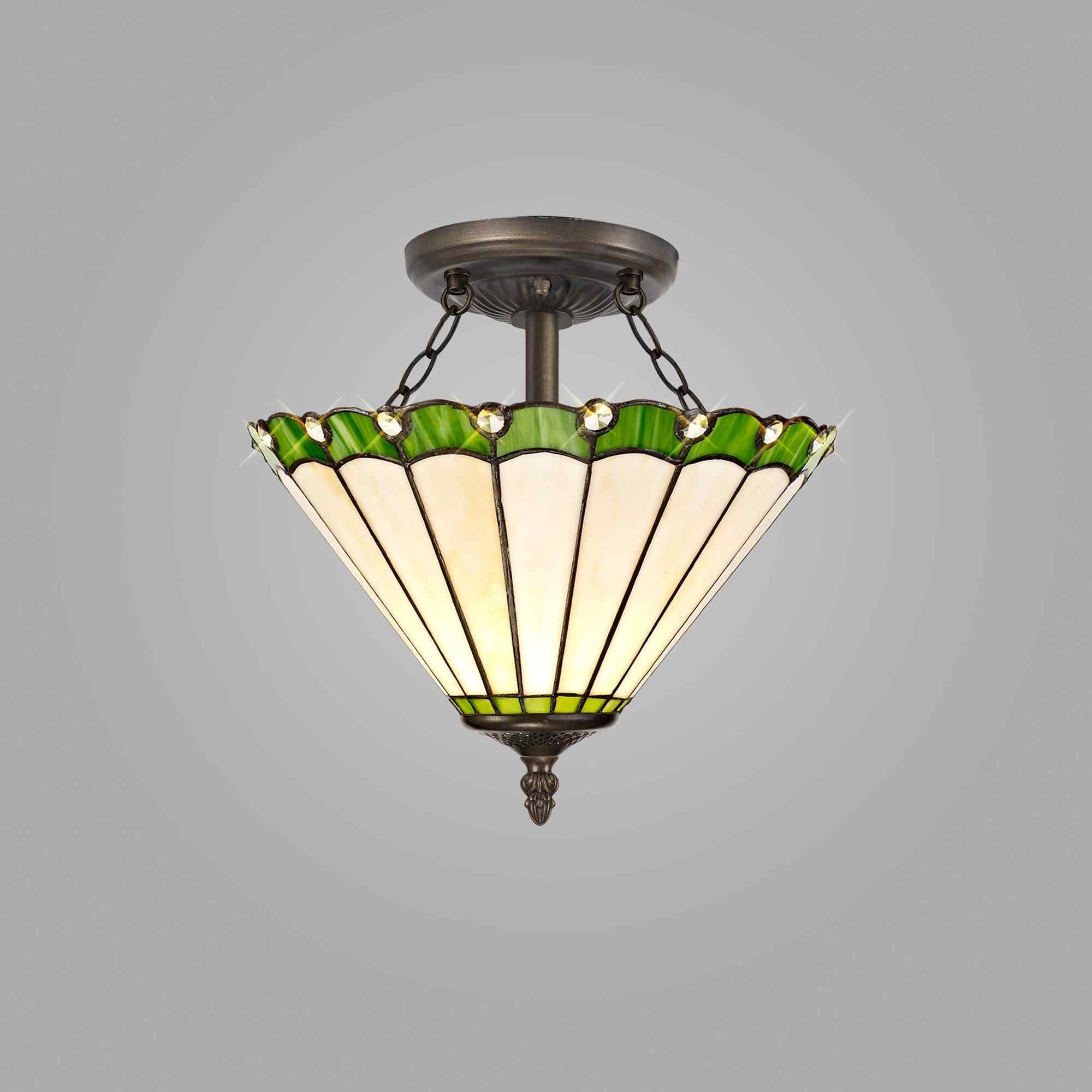NLK02459 Umbrian 2 Light Semi Ceiling With 30cm Tiffany Shade Green/Chrome/Crystal/Aged Antique Brass