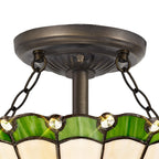 NLK02459 Umbrian 2 Light Semi Ceiling With 30cm Tiffany Shade Green/Chrome/Crystal/Aged Antique Brass