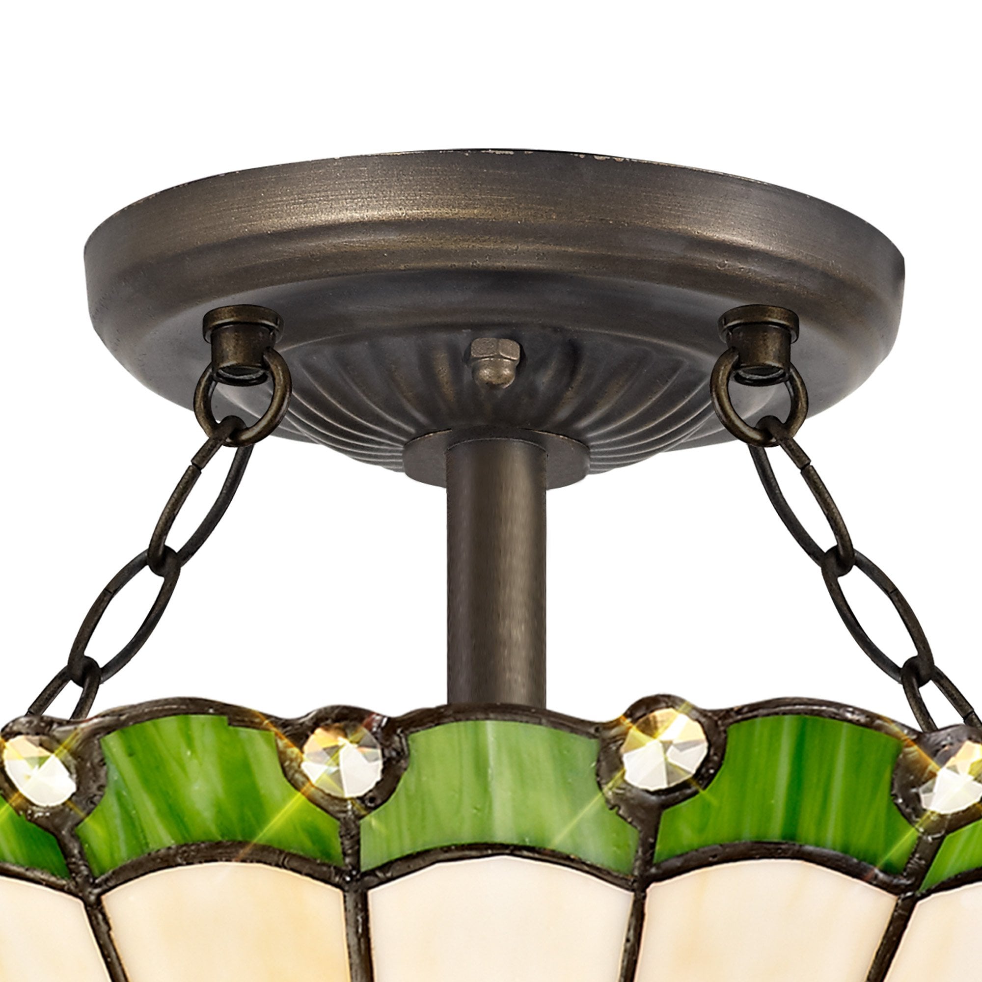 NLK02459 Umbrian 2 Light Semi Ceiling With 30cm Tiffany Shade Green/Chrome/Crystal/Aged Antique Brass