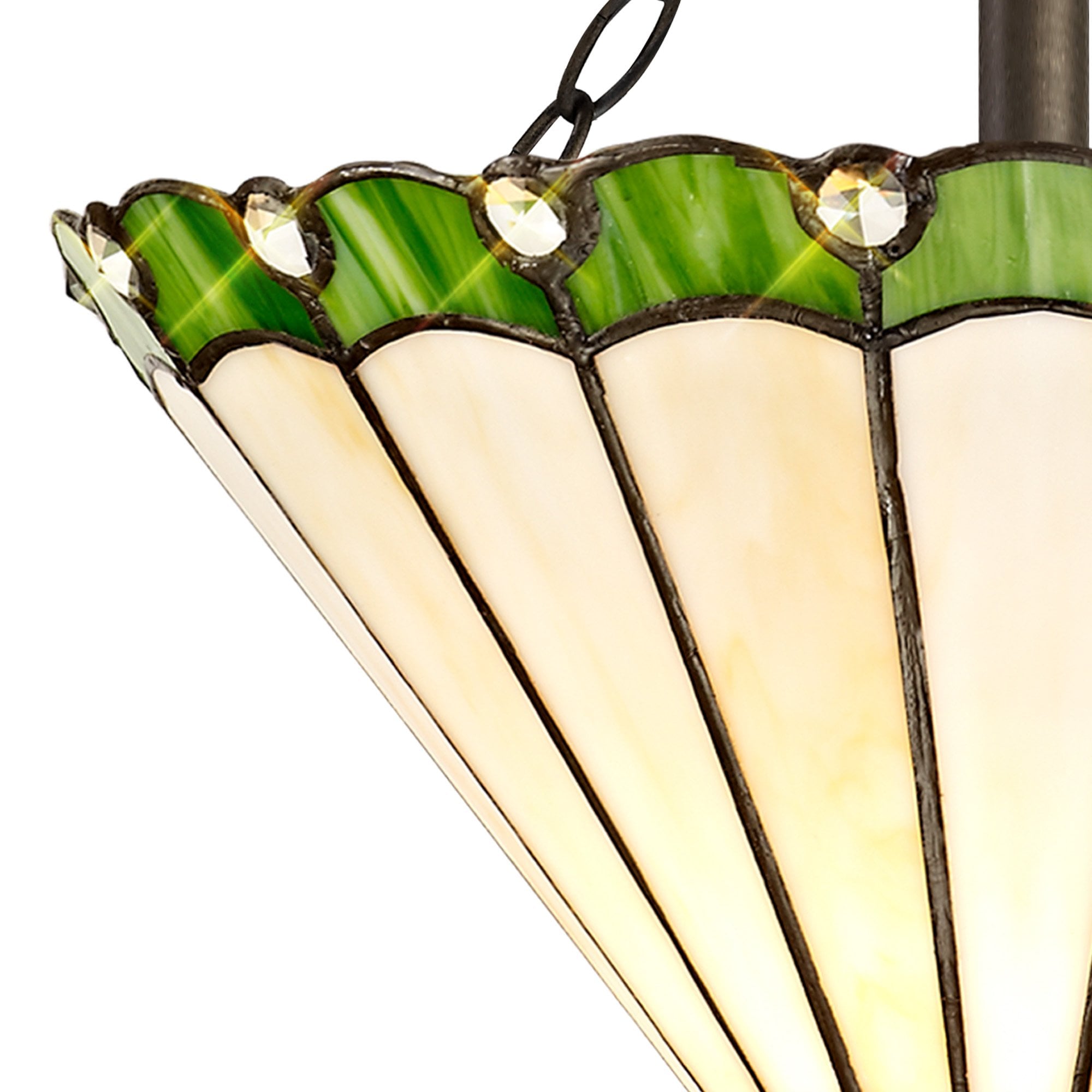 NLK02459 Umbrian 2 Light Semi Ceiling With 30cm Tiffany Shade Green/Chrome/Crystal/Aged Antique Brass