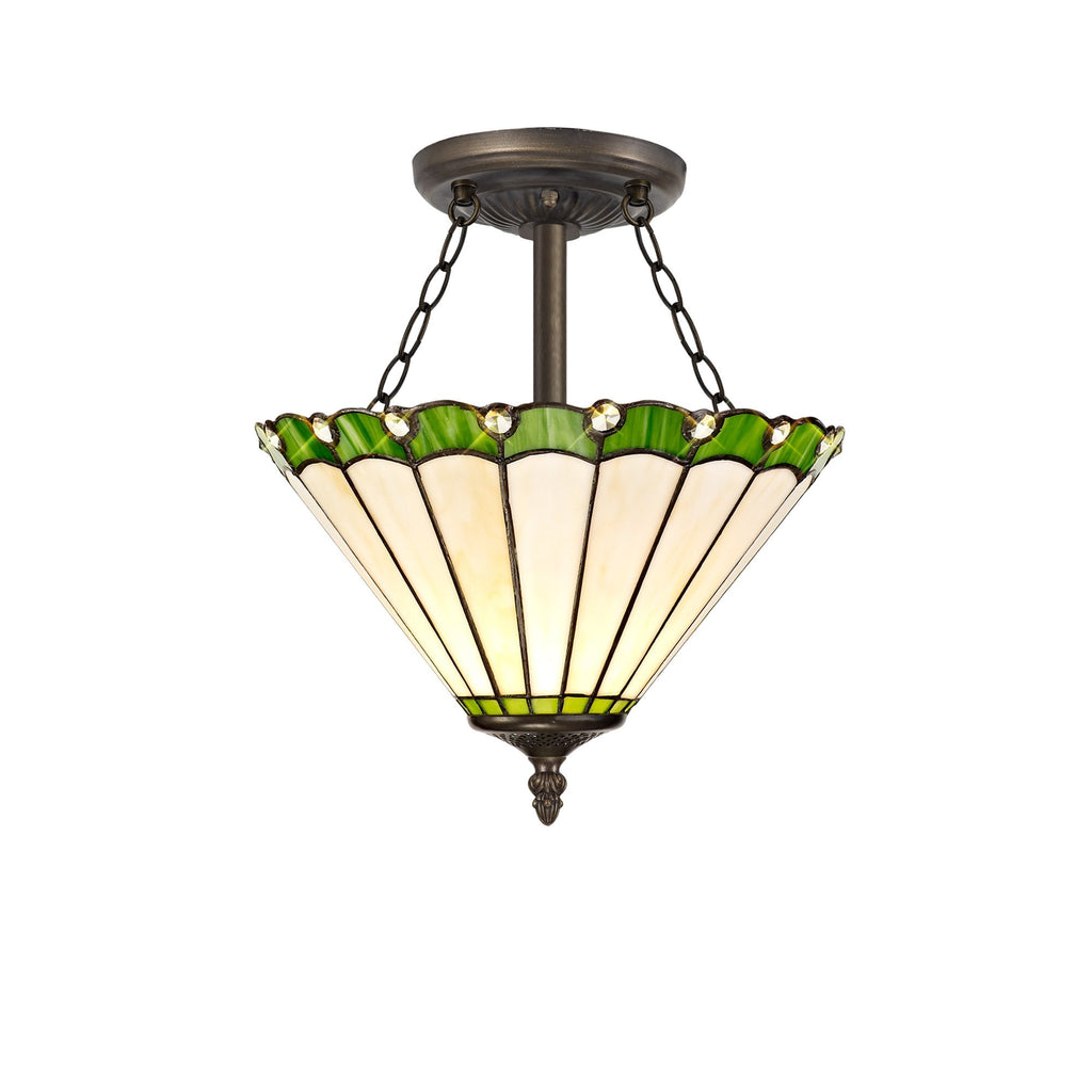 NLK02469 Umbrian 3 Light Semi Ceiling With 30cm Tiffany Shade Green/Chrome/Crystal/Aged Antique Brass