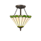 NLK02469 Umbrian 3 Light Semi Ceiling With 30cm Tiffany Shade Green/Chrome/Crystal/Aged Antique Brass
