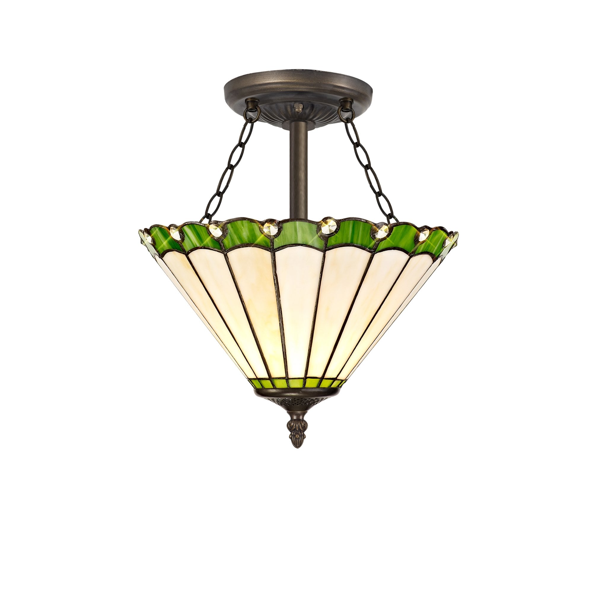 NLK02469 Umbrian 3 Light Semi Ceiling With 30cm Tiffany Shade Green/Chrome/Crystal/Aged Antique Brass