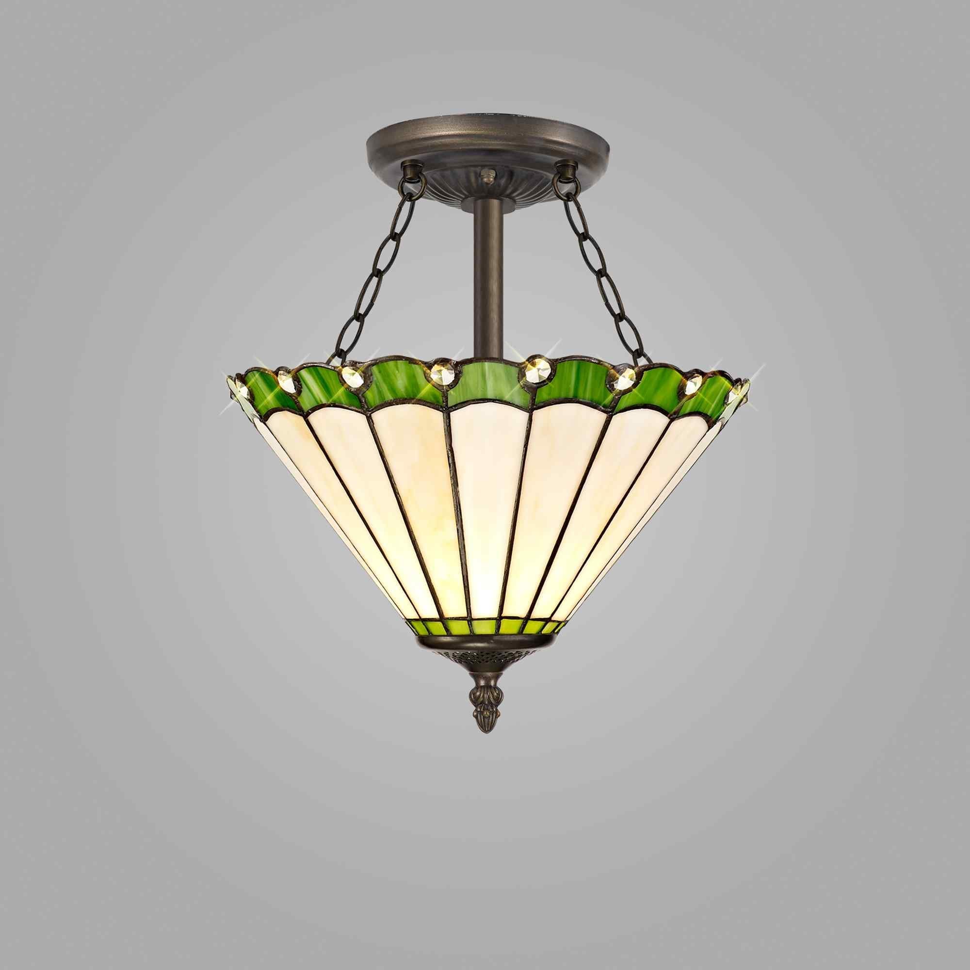 NLK02469 Umbrian 3 Light Semi Ceiling With 30cm Tiffany Shade Green/Chrome/Crystal/Aged Antique Brass
