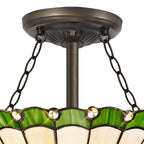 NLK02469 Umbrian 3 Light Semi Ceiling With 30cm Tiffany Shade Green/Chrome/Crystal/Aged Antique Brass