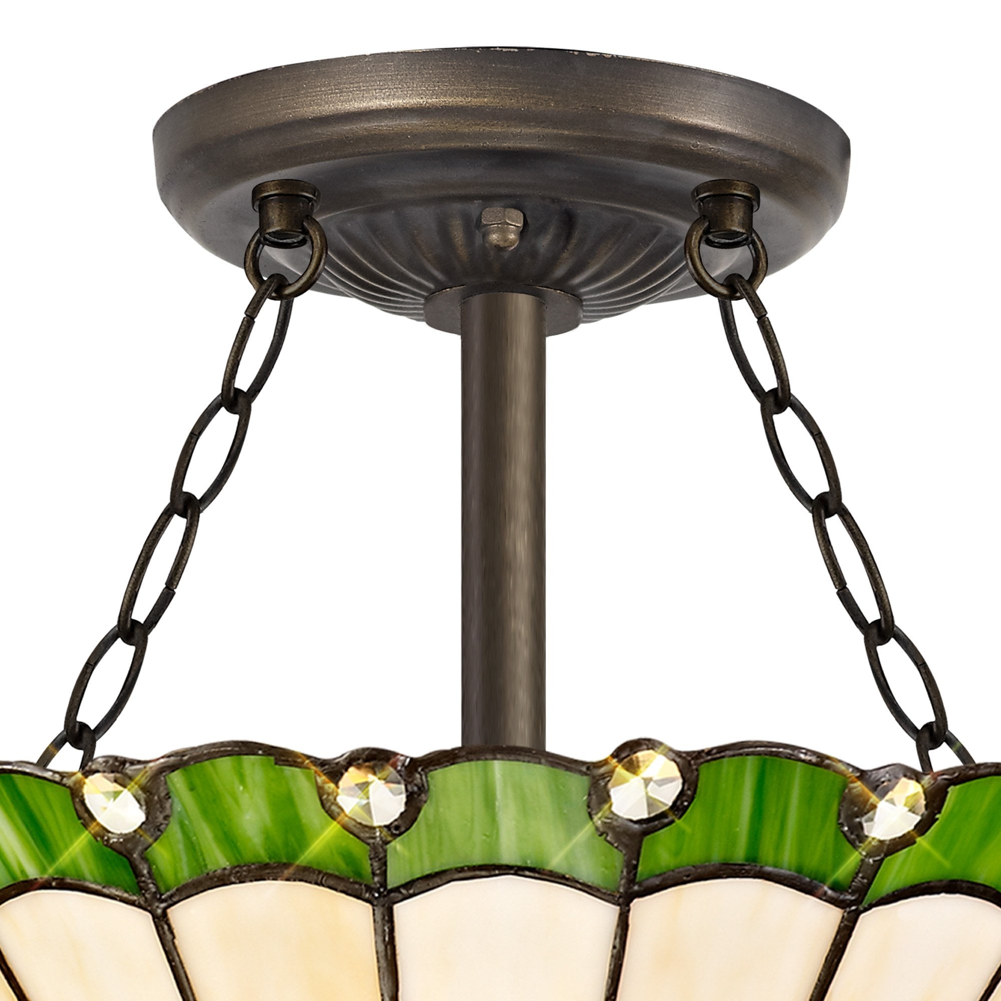 NLK02469 Umbrian 3 Light Semi Ceiling With 30cm Tiffany Shade Green/Chrome/Crystal/Aged Antique Brass