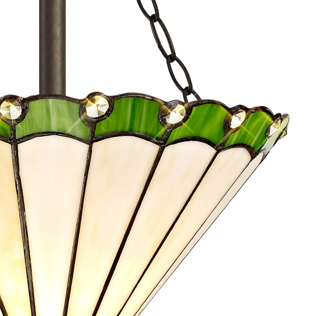 NLK02469 Umbrian 3 Light Semi Ceiling With 30cm Tiffany Shade Green/Chrome/Crystal/Aged Antique Brass