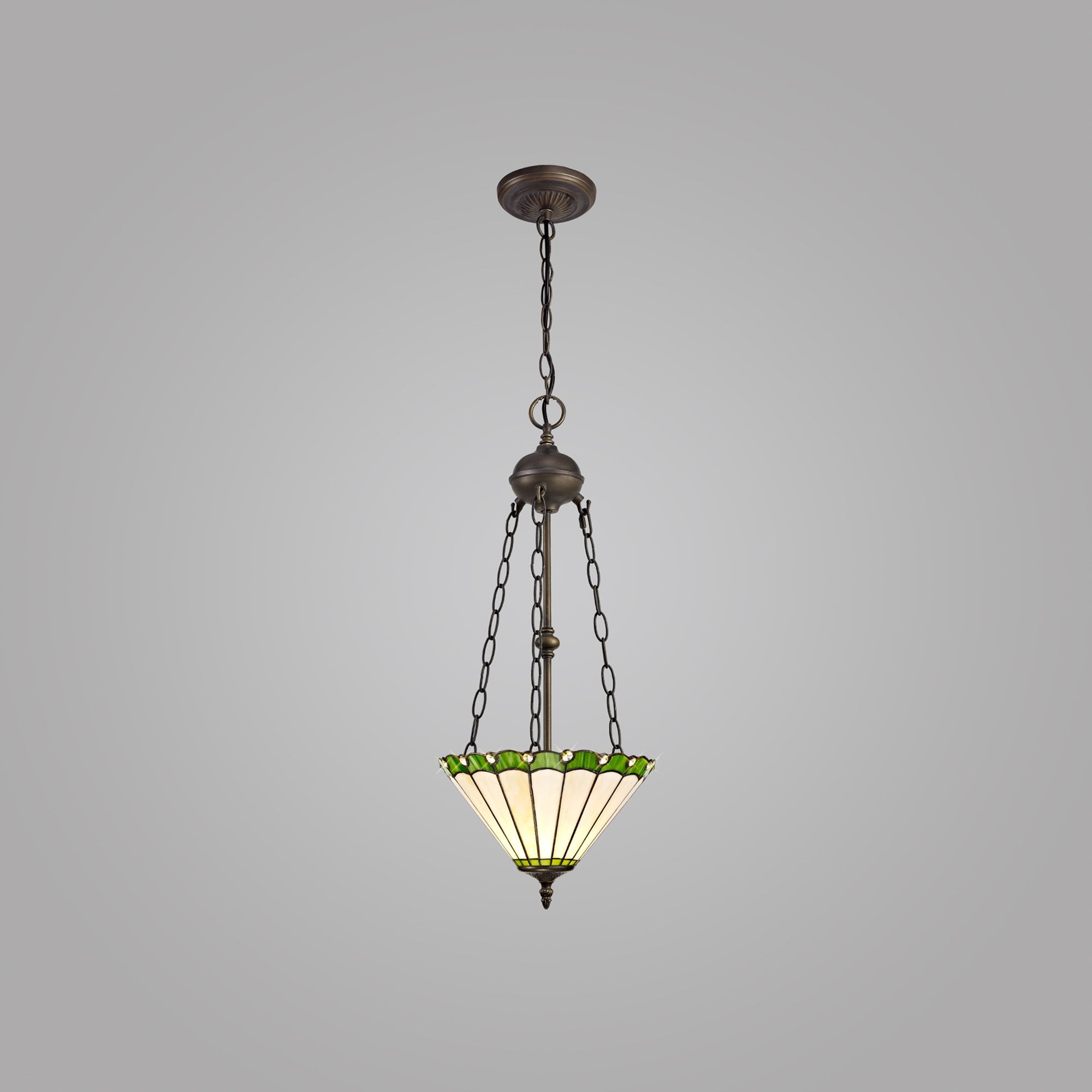 NLK02479 Umbrian 2 Light Up Lighter Pendant With 30cm Tiffany Shade Green/Chrome/Crystal/Aged Antique Brass