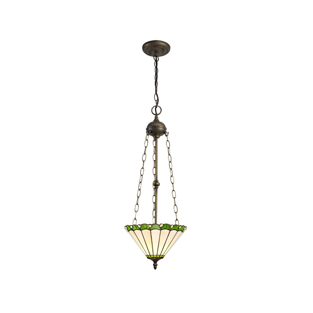 NLK02489 Umbrian 3 Light Up Lighter Pendant With 30cm Tiffany Shade Green/Chrome/Crystal/Aged Antique Brass