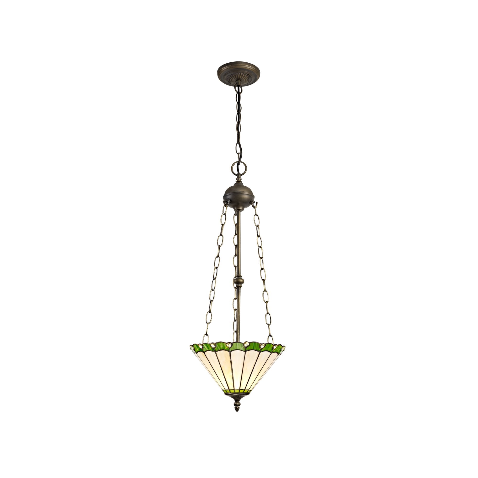 NLK02489 Umbrian 3 Light Up Lighter Pendant With 30cm Tiffany Shade Green/Chrome/Crystal/Aged Antique Brass