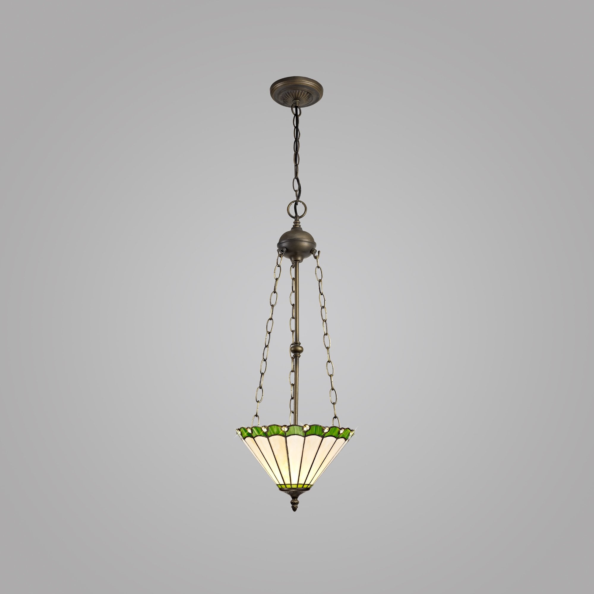 NLK02489 Umbrian 3 Light Up Lighter Pendant With 30cm Tiffany Shade Green/Chrome/Crystal/Aged Antique Brass