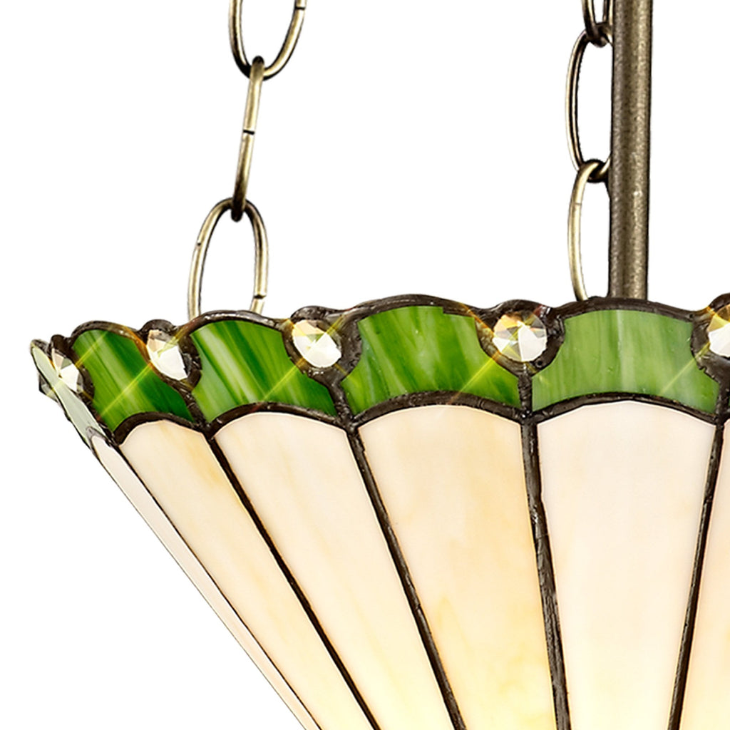 NLK02489 Umbrian 3 Light Up Lighter Pendant With 30cm Tiffany Shade Green/Chrome/Crystal/Aged Antique Brass