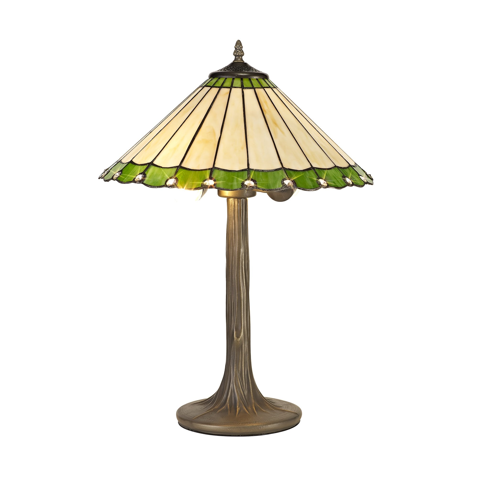 NLK02499 Umbrian 2 Light Tree Like Table Lamp With 40cm Tiffany Shade Green/Chrome/Crystal/Aged Antique Brass