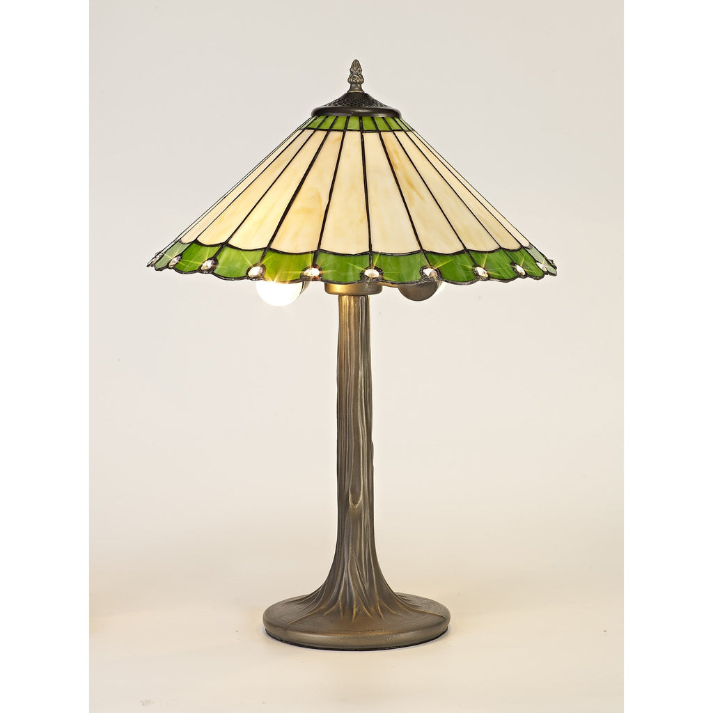 NLK02499 Umbrian 2 Light Tree Like Table Lamp With 40cm Tiffany Shade Green/Chrome/Crystal/Aged Antique Brass
