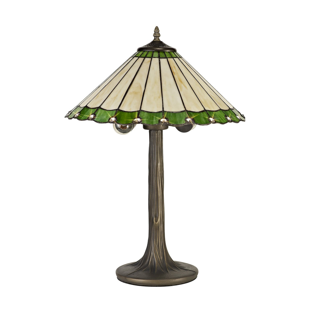 NLK02499 Umbrian 2 Light Tree Like Table Lamp With 40cm Tiffany Shade Green/Chrome/Crystal/Aged Antique Brass