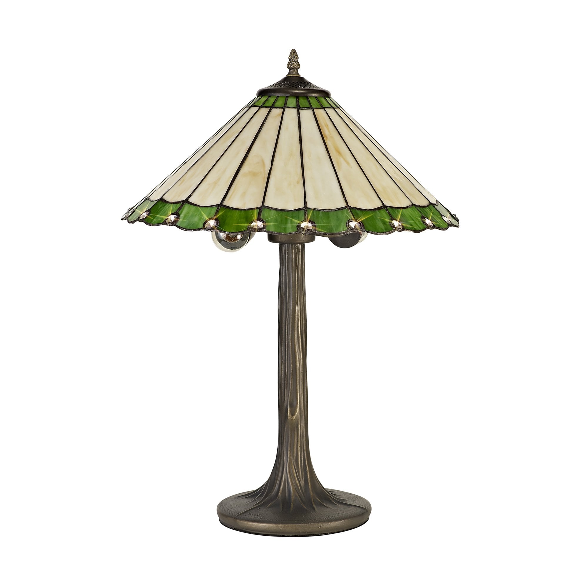 NLK02499 Umbrian 2 Light Tree Like Table Lamp With 40cm Tiffany Shade Green/Chrome/Crystal/Aged Antique Brass